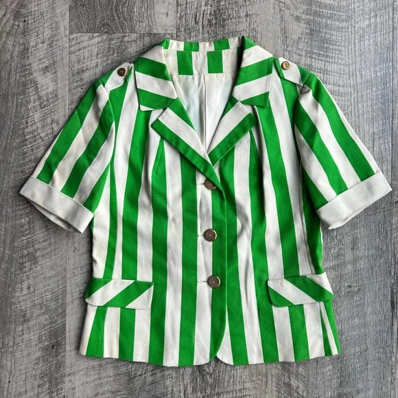 Vintage 1960's Arthur Jay Green and White Striped 3 Piece Jacket Skirt Short Set - Picture 2 of 13